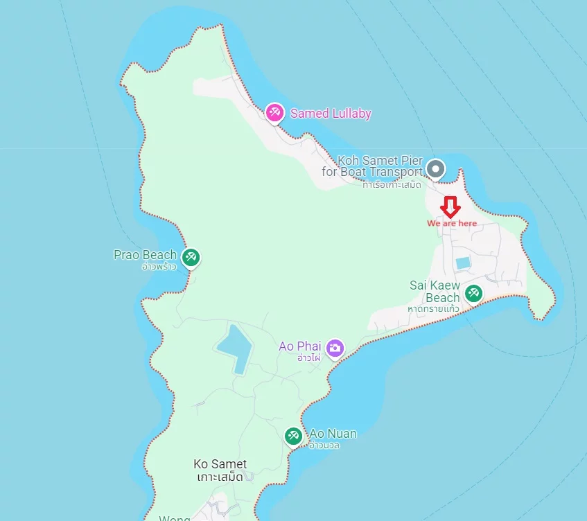 A map image of Koh Samet showing the location of the hostel