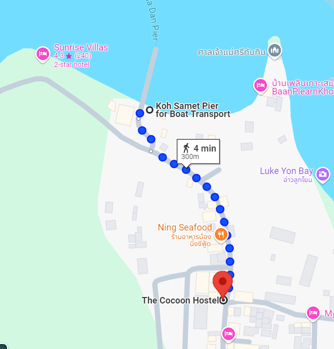 Map from Koh Samet Pier to The Cocoon Hostel