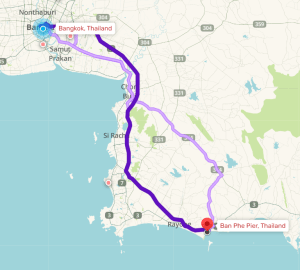 Map from Bangkok to Koh Samet