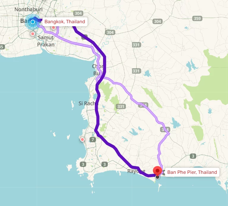Map from Bangkok to Koh Samet