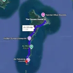 Map of Koh Samet showing the main road from The Cocoon Hostel to the south of the island