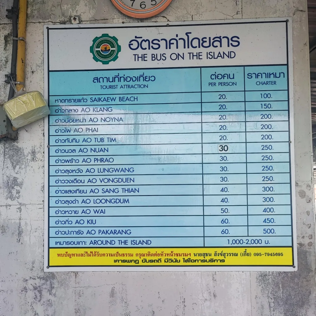 Taxi prices - Nandan Pier. Koh Samet. Very close to The Cocoon Hostel