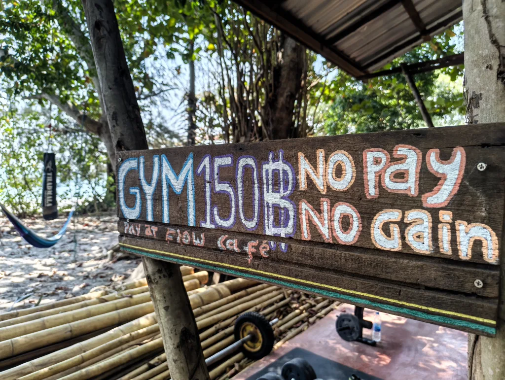 Image of the sign at the front of Flow Beach Cafe gym on Koh Samet