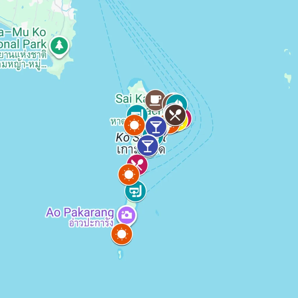 Map image of Koh Samet with pinned locations